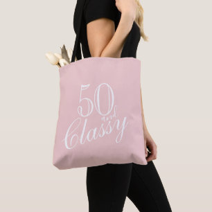 50 and Classy Pink Elegant White Script Birthday Tote Bag