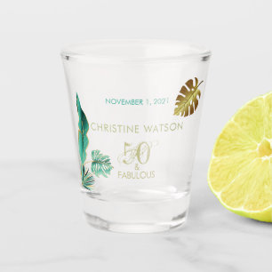 50 and Fab Green Gold Leaves Birthday Shot Glass