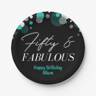 50 and Fablous  Birthday Teal Siver Confetti   Paper Plate
