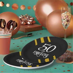 50 and Fabulous 3 Gold Stripes on BLACK Paper Plate
