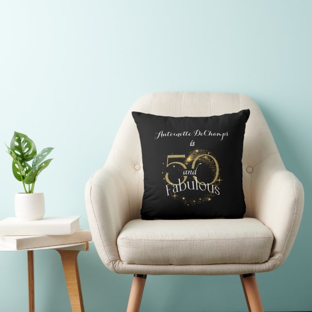50 and Fabulous 50th Birthday Black Gold Glitter Cushion (Chair)