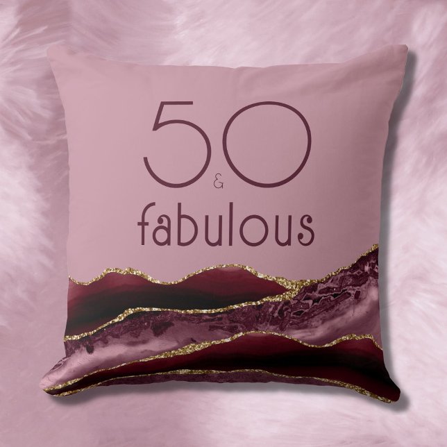 50 and Fabulous 50th Birthday Burgundy Pink Agate Cushion (Creator Uploaded)