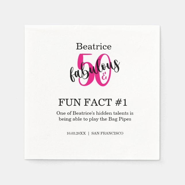 50 and fabulous 50th birthday Fun Fact Pink Napkin (Front)