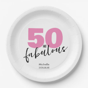 50 and fabulous 50th Birthday gift Fifty pink Paper Plate
