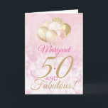 50 and Fabulous 50th Birthday Glitter Balloon Card<br><div class="desc">A gorgeous blush pink and glitter balloon jumbo 50 and fabulous birthday card. This feminine design is the perfect way to wish someone a happy 50th birthday (or any age!) Personalise with our own custom name and message. Pink and gold coloured typography on a bubble effect girly background. This would...</div>