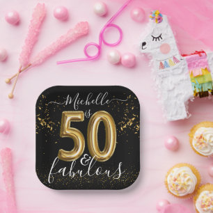 50 and Fabulous 50th Birthday Gold Balloons Black Paper Plate