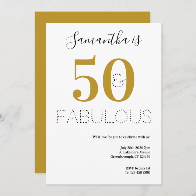 50 and Fabulous 50th Birthday Gold Party Invitation (Front/Back)