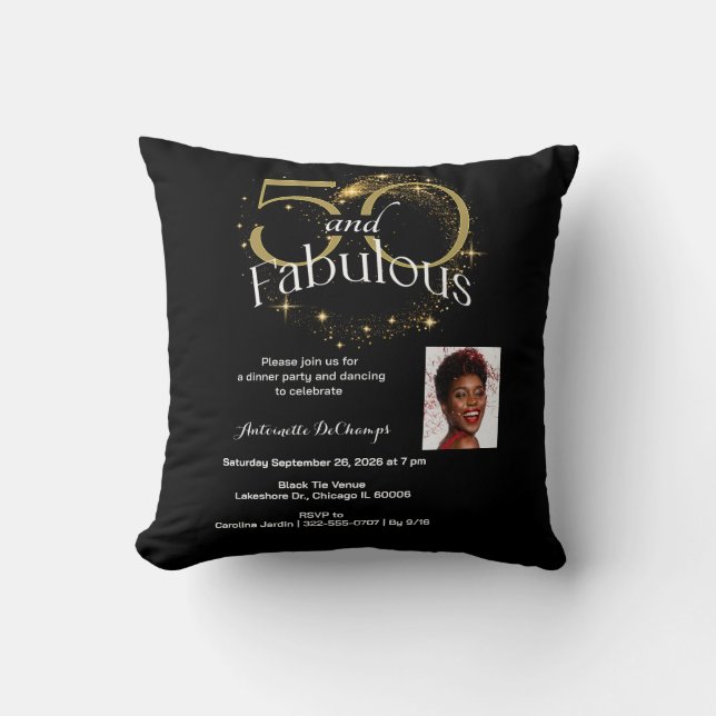 50 and Fabulous 50th Birthday Party Black and Gold Cushion (Front)