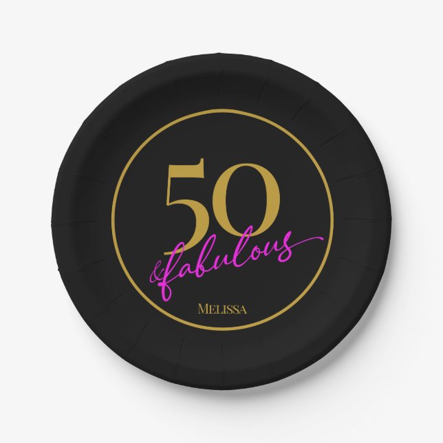 50 and Fabulous 50th Birthday Party Black and Gold Paper Plate (Front)