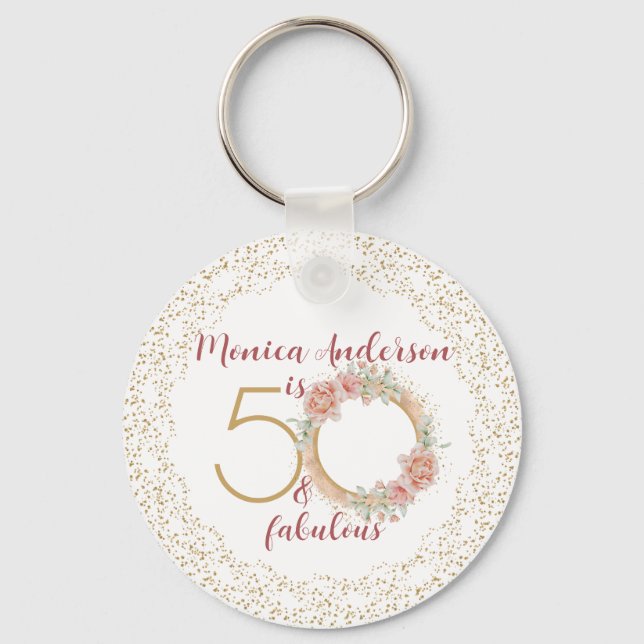 50 and Fabulous 50th Birthday Party Glitter Name Key Ring (Front)