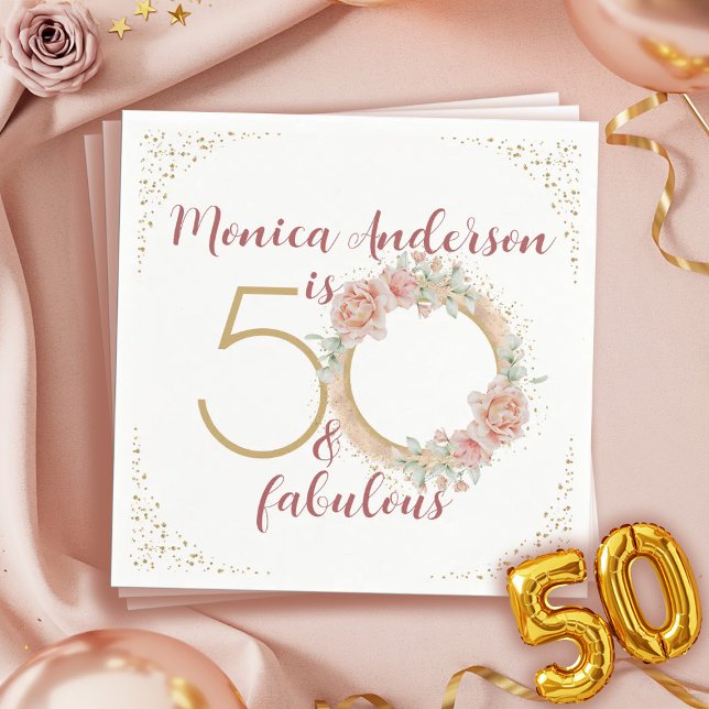50 and Fabulous 50th Birthday Party Glitter Name Napkin (50 and Fabulous Pink Floral Gold Photo Birthday Napkins)