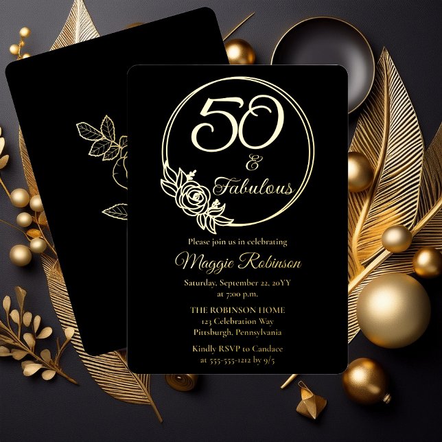 50 and Fabulous 50th Birthday Party Stamped (Simply Elegant Rose Wreath "50 and Fabulous" 50th Birthday Party Black Stamped Gold Foil Invitation )