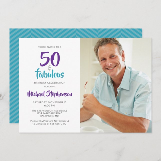 50 and Fabulous 50th Birthday Photo | Turquoise Invitation (Front/Back)