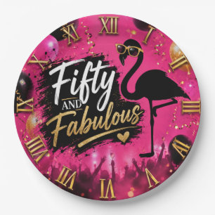 50 and fabulous, 50th birthday pink flamingo paper plate