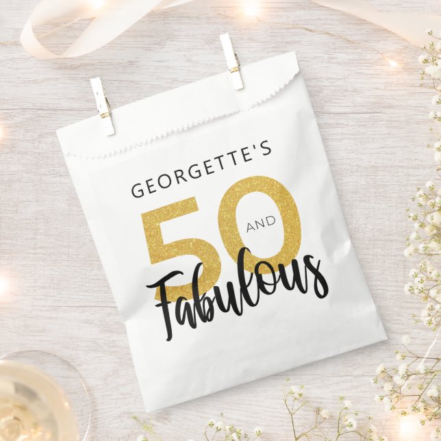 50 and Fabulous 50th Birthday Script Gold Glitter Favour Bag (Clipped)