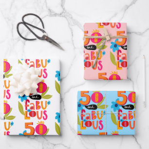 50 and Fabulous 50th Birthday Whimsical Lettering  Wrapping Paper Sheet