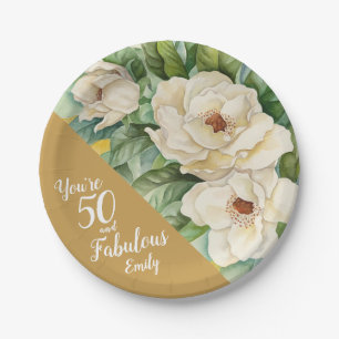 50 And Fabulous 50th Gold Birthday Floral Name Paper Plate