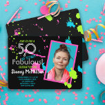 50 and Fabulous 80s Retro Paint Splatter Birthday Invitation<br><div class="desc">Celebrate your 50th birthday with a retro 80's pink,  blue,  and green paint splatter design created from my hand painted design on a black background with a custom photo template.</div>