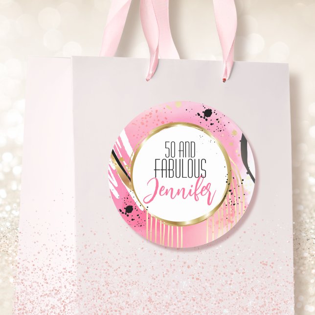 50 and Fabulous Abstract Pink Black Glamourous Bol Classic Round Sticker (Creator Uploaded)