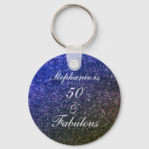 50 And Fabulous Birthday Black Blue Glitter Ombre Key Ring