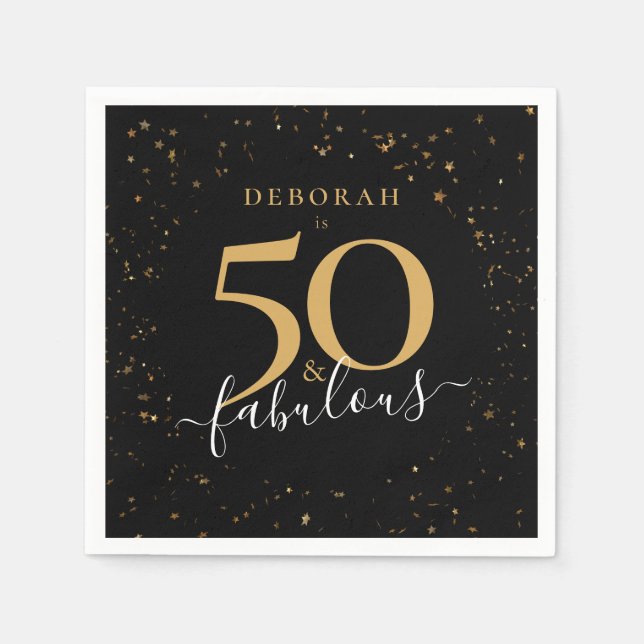 50 and Fabulous Birthday Black Gold Confetti Chic Napkin (Front)