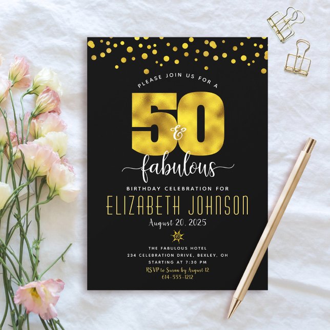 50 and fabulous birthday black gold confetti dots invitation (Creator Uploaded)