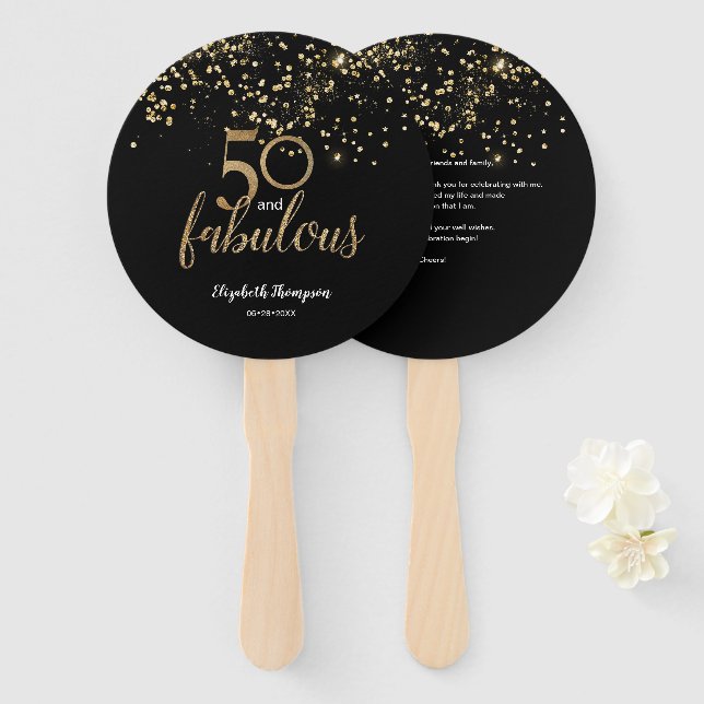 50 and fabulous Birthday Black gold confetti Hand Fan (Front and Back)