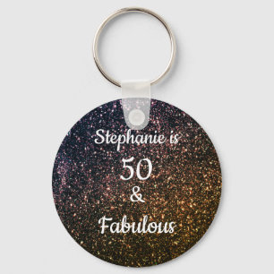 50 And Fabulous Birthday Black Gold Glitter Ombre Key Ring