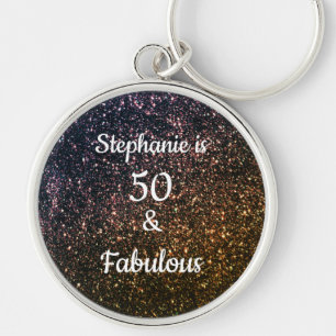 50 And Fabulous Birthday Black Gold Glitter Ombre Key Ring