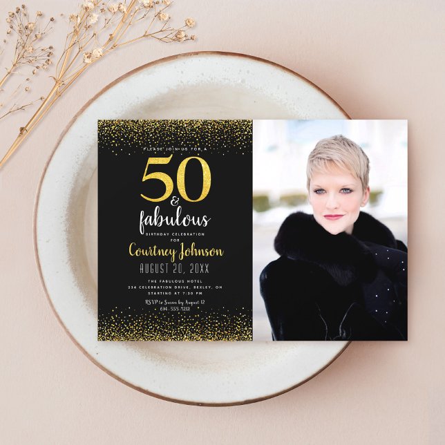 50 and fabulous birthday black gold glitter photo invitation (Creator Uploaded)