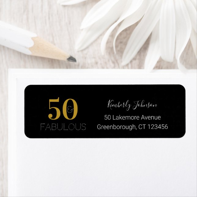 50 and Fabulous Birthday Black Gold Return Address Label (Insitu)