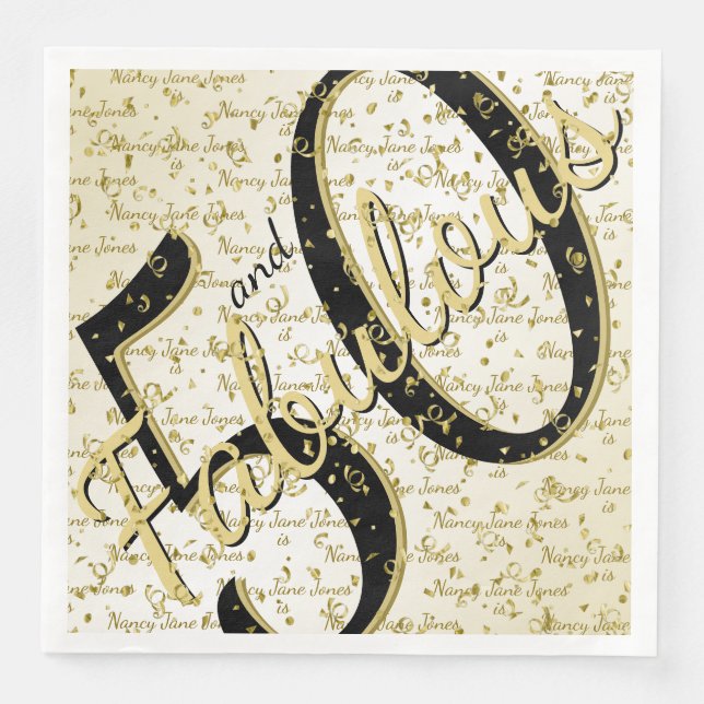 50 and Fabulous birthday black/Gold Script Napkin (Front)