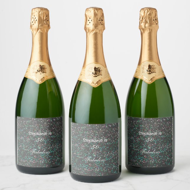 50 And Fabulous Birthday Black Green Glitter Cool Sparkling Wine Label (Bottles)