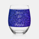 50 And Fabulous Birthday Blue Glitter Gift Favour Stemless Wine Glass<br><div class="desc">Designed with pretty,  girly and beautiful deep blue glittery background and personalised text template for name which you can edit,  this is perfect for the 50th birthday celebrations!</div>