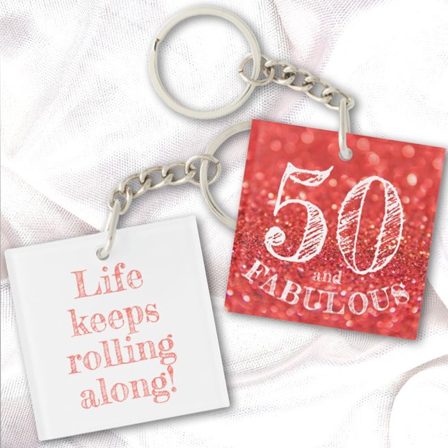 50 and Fabulous Birthday Coral Glitter Sparkle Key Ring (Creator Uploaded)