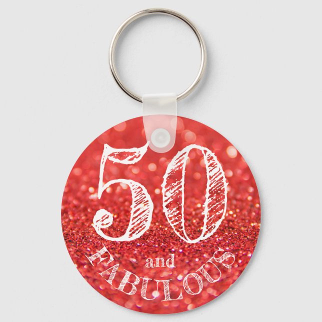 50 and Fabulous Birthday Coral Glitter Sparkle Key Ring (Front)
