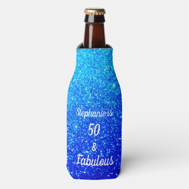50 And Fabulous Birthday Deep Blue Ombre Glittery Bottle Cooler (Bottle Front)
