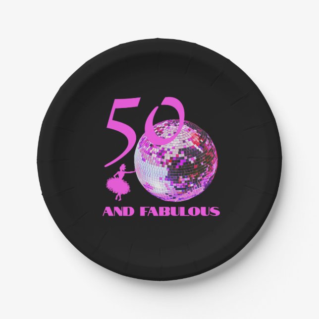 50 and Fabulous birthday disco dancer black Paper Plate (Front)