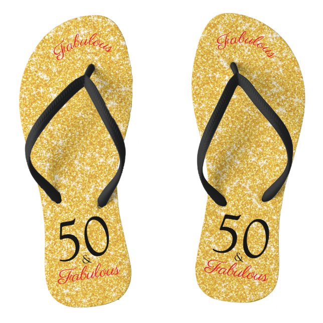 50 And Fabulous Birthday Elegant Gold Glitter Thongs (Footbed)