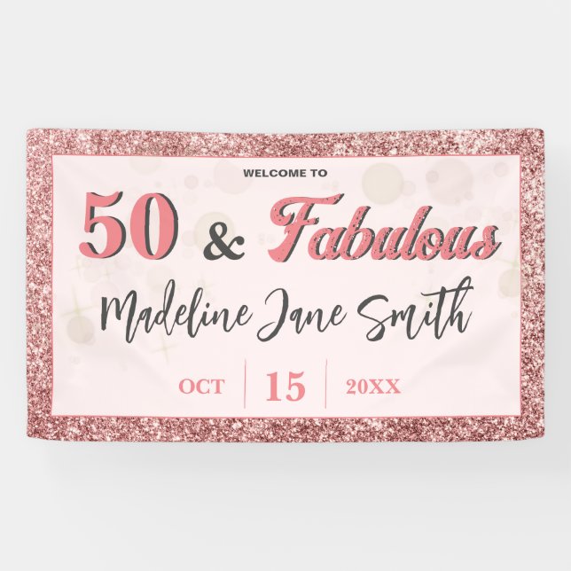 50 and Fabulous Birthday Elegant Rose Pink Glitter Banner (Horizontal)