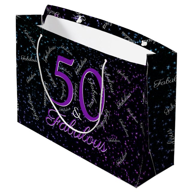 50 And Fabulous Birthday Glam Black Purple Elegant Large Gift Bag (Back Angled)