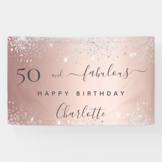 50 and Fabulous birthday glitter rose gold silver Banner (Horizontal)