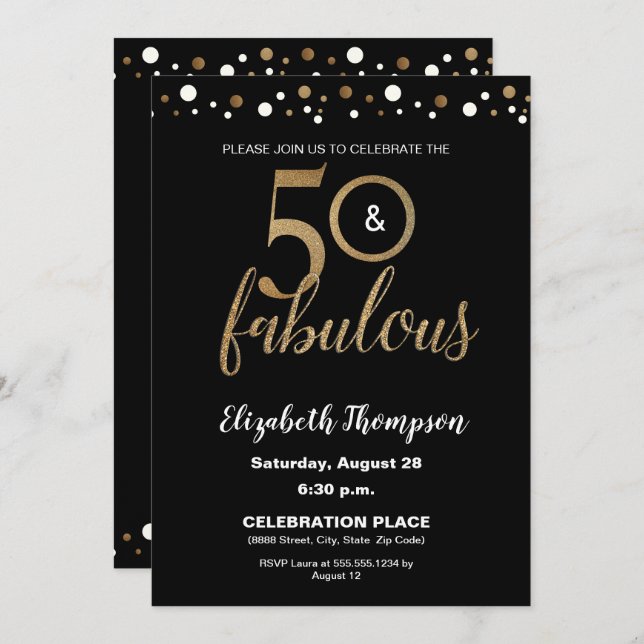 50 and fabulous Birthday Gold and Black Confetti Invitation (Front/Back)