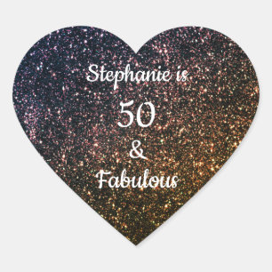 50 And Fabulous Birthday Gold Black Golden Glitter Heart Sticker