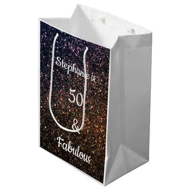 50 And Fabulous Birthday Gold Black Golden Glitter Medium Gift Bag (Front Angled)