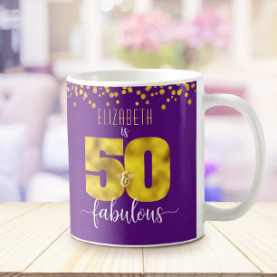 50 and fabulous birthday gold foil dots on purple coffee mug