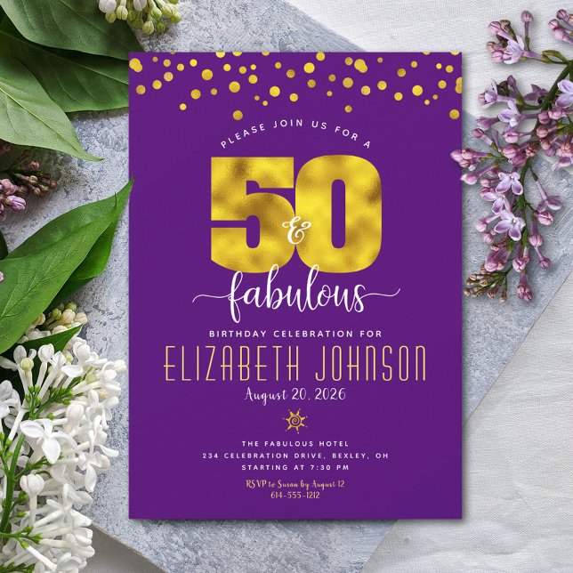 50 and fabulous birthday gold foil dots on purple invitation (Creator Uploaded)