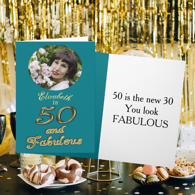 50 and Fabulous Birthday Gold Teal Blue 50th Name Card (50 and Fabulous Birthday Gold Teal Blue 50th Name Card)