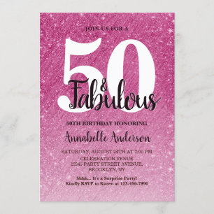 50 and Fabulous Birthday Hot Pink Sparkle Tinsel Invitation
