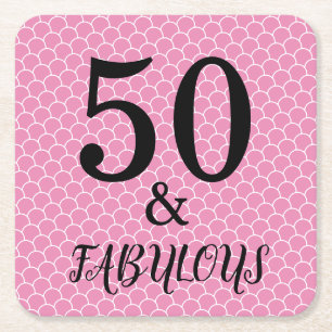 50 And Fabulous Birthday Mermaid Party Pink Black Square Paper Coaster